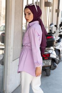 Modalamelif Önü Düğmeli Bel Bağlamalı Ceket Lila