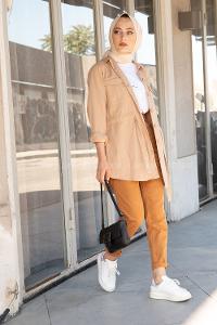 Modalamelif Önü Düğmeli Bel Bağlamalı Ceket Sütlü Kahve