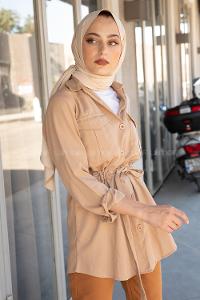 Modalamelif Önü Düğmeli Bel Bağlamalı Ceket Sütlü Kahve