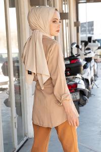 Modalamelif Önü Düğmeli Bel Bağlamalı Ceket Sütlü Kahve