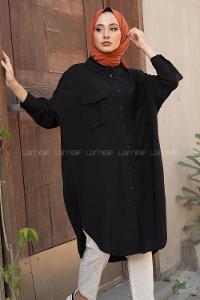 Modalamelif Önü Düğmeli Çift Cepli Gömlek Siyah