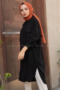 Modalamelif Önü Düğmeli Çift Cepli Gömlek Siyah