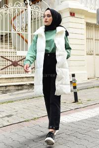 Modalamelif Balıkçı Yaka Fermuarlı Şişme Yelek Beyaz