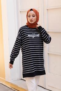 Modalamelif Çizgili Stay Magical Sweatshirt Siyah