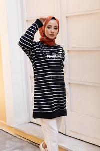 Modalamelif Çizgili Stay Magical Sweatshirt Siyah