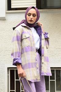 Modalamelif Ekose Desen Ovallı Gömlek Lila