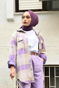 Modalamelif Ekose Desen Ovallı Gömlek Lila