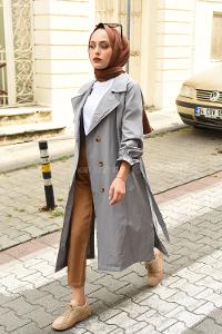 Modalamelif Ön Düğmeli Kuşaklı Trenç Gri