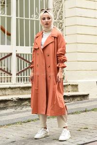 Modalamelif Ön Düğmeli Kuşaklı Trenç Kiremit