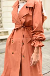 Modalamelif Ön Düğmeli Kuşaklı Trenç Kiremit