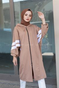 Modalamelif Şerit Detaylı Yarasa Kol Kap Sütlü Kahve