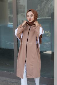 Modalamelif Şerit Detaylı Yarasa Kol Kap Sütlü Kahve