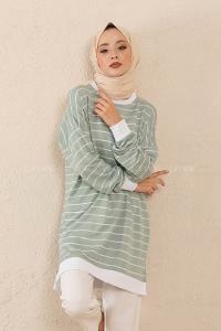 Modalamelif Bisiket Yaka Çizgili Sweatshirt Çağla