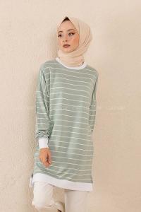 Modalamelif Bisiket Yaka Çizgili Sweatshirt Çağla