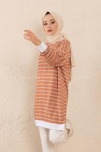 Modalamelif Bisiket Yaka Çizgili Sweatshirt Gül