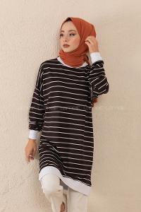 Modalamelif Bisiket Yaka Çizgili Sweatshirt Siyah