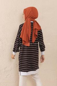 Modalamelif Bisiket Yaka Çizgili Sweatshirt Siyah