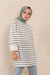 Modalamelif Bisiklet Yaka Çizgili Salaş T-Shirt Beyaz