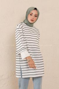 Modalamelif Bisiklet Yaka Çizgili Salaş T-Shirt Beyaz