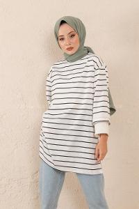 Modalamelif Bisiklet Yaka Çizgili Salaş T-Shirt Beyaz