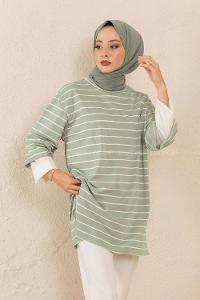 Modalamelif Bisiklet Yaka Çizgili Salaş T-Shirt Çağla Yeşili