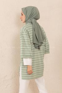 Modalamelif Bisiklet Yaka Çizgili Salaş T-Shirt Çağla Yeşili