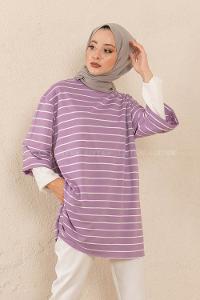 Modalamelif Bisiklet Yaka Çizgili Salaş T-Shirt Lila