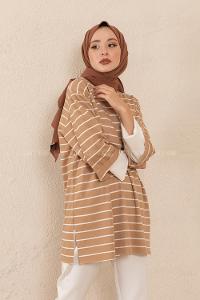 Modalamelif Bisiklet Yaka Çizgili Salaş T-Shirt Sütlü Kahve