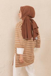 Modalamelif Bisiklet Yaka Çizgili Salaş T-Shirt Sütlü Kahve