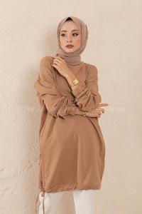 Modalamelif Eteği Bağlamalı Salaş Tunik Sütlü Kahve