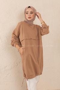 Modalamelif Eteği Bağlamalı Salaş Tunik Sütlü Kahve