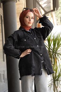 Modalamelif Önü Çıtçıt Düğmeli Püsküllü Kot Ceket Siyah