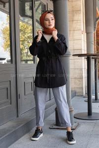 Modalamelif Önü Düğmeli Bel Bağlamalı Ceket Siyah