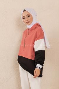 Modalamelif Önü Yarım Fermuarlı Garnili Sweatshirt Pudra
