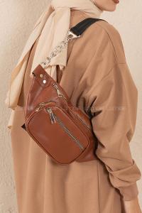 Lamelif Zincir Detaylı Üç Gözlü Bel Çantası Taba