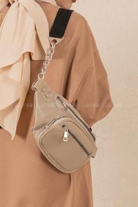 Lamelif Zincir Detaylı Üç Gözlü Bel Çantası Vizonrengi