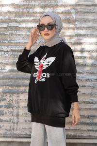 Modalamelif Bisiklet Yaka Ön Taş Baskılı Siyah