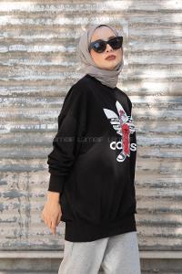 Modalamelif Bisiklet Yaka Ön Taş Baskılı Siyah