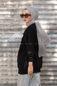 Modalamelif Bisiklet Yaka Ön Taş Baskılı Siyah