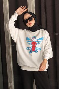 Modalamelif Bisiklet Yaka Ön Taş Baskılı Sweatshirt
