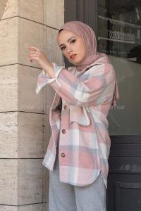 Modalamelif Büyük Cepli Ekose Desen Gömlek Pudra