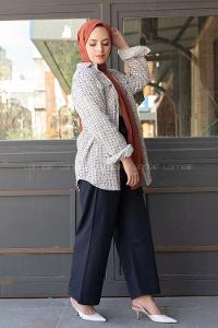 Modalamelif Ekose Desen Ovallı Gömlek Ekru