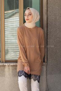 Modalamelif Eteği Dantel Tunik Karamel