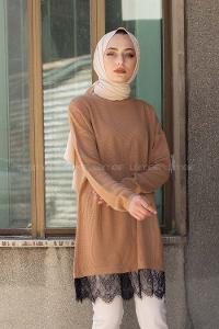 Modalamelif Eteği Dantel Tunik Karamel