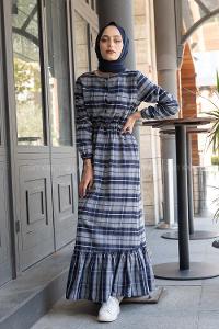 Modalamelif Eteği Fırfırlı Ekose Desen Elbise Gri