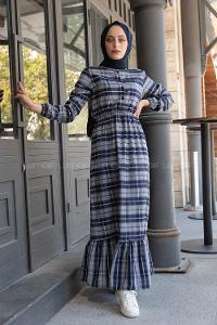 Modalamelif Eteği Fırfırlı Ekose Desen Elbise Gri