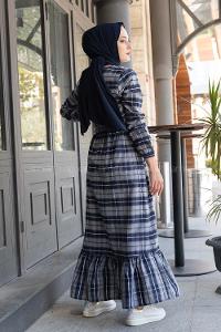 Modalamelif Eteği Fırfırlı Ekose Desen Elbise Gri