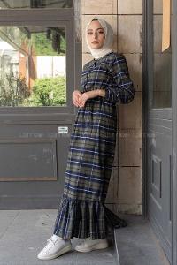 Modalamelif Eteği Fırfırlı Ekose Desen Elbise Haki