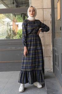 Modalamelif Eteği Fırfırlı Ekose Desen Elbise Haki