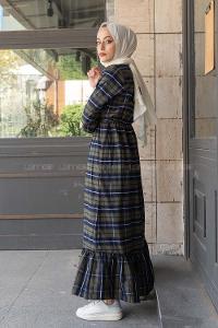 Modalamelif Eteği Fırfırlı Ekose Desen Elbise Haki